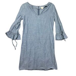 J Crew Dress Women's 2 Blue Shift V Neck 3/4 Bell Sleeve Bows Shirt Knee Length